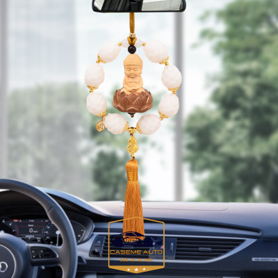 Khánh Treo Xe, Vòng 8 Bông Liên Hoa Phật Thích Ca Gỗ Hoàng Dương Trang Trí Xe Ô Tô, Treo Gương Chiếu Hậu Mang Lại May Mắn - Hàng Nhập Khẩu