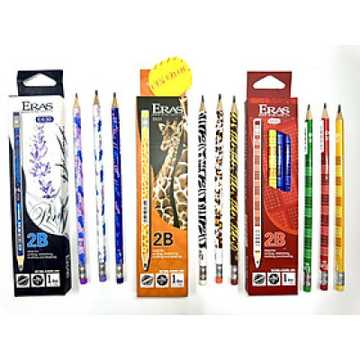 Hộp 12 Cây Bút Chì Gỗ 2B Có Gôm Thân Bút Họa Tiết Hoa Lavender E630, Hưu Cao Cổ E631, Bảng Cửu Chương E63, Bút Chì Eras