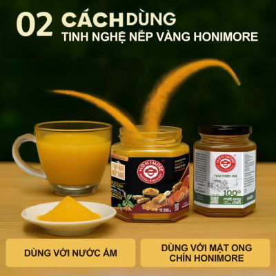 Combo Tinh bột nghệ nếp vàng Honimore 200g + Mật ong nguyên chất Hoa Vải Thiều 360g - giúp hỗ trợ cải thiện đau dạ dày