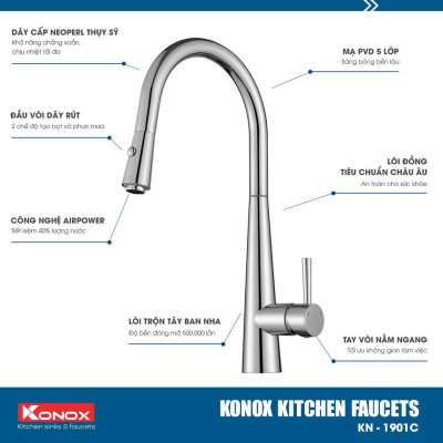 Vòi rửa bát dây rút KONOX KN1901C hợp kim đồng 61% tiêu chuẩn Châu Âu CW617N, bề mặt xử lý công nghệ PVD Chrome 5 lớp