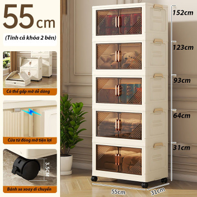 (Ngang 45-75cm) Tủ Nhựa Gấp Gọn Size Lớn, Tủ Đựng Quần Áo Đa Năng Lắp Ghép, Để Đồ Tiện Dụng, Nhựa PP, Có Bánh Xe