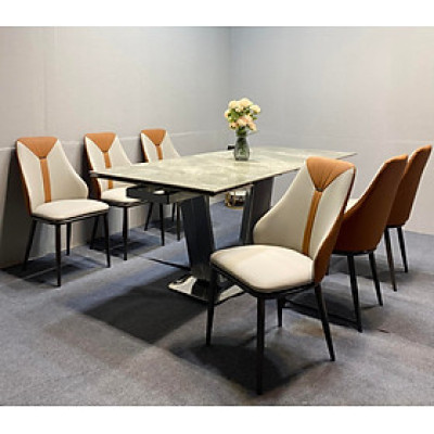 Bộ bàn ghế phòng ăn Tundo mặt đá ceramic, chân inox mạ titan kèm 6 ghế 