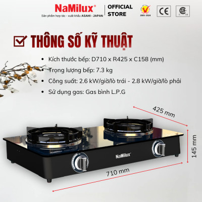 Bếp Gas Đôi Mặt Kính Cao Cấp NaMilux NH-DL3416PG/DL2461PG - Công Suất 2.8 kW/giờ/lò phải - Kiềng Bếp Tráng Men -Hàng Chính Hãng