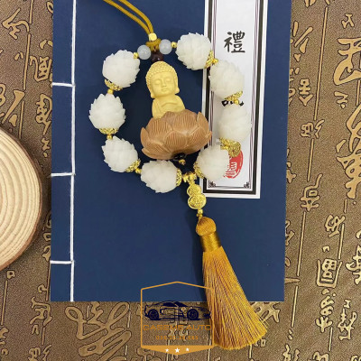 Khánh Treo Xe, Vòng 8 Bông Liên Hoa Phật Thích Ca Gỗ Hoàng Dương Trang Trí Xe Ô Tô, Treo Gương Chiếu Hậu Mang Lại May Mắn - Hàng Nhập Khẩu