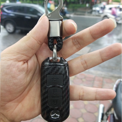 Ốp nhựa carbon, bọc bảo vệ chìa khóa xe Mazda  3, 6, CX-5 kèm móc đeo INOX
