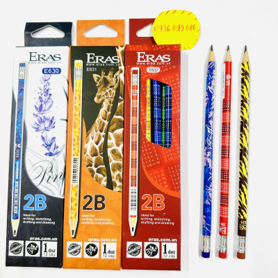 Hộp 12 Cây Bút Chì Gỗ 2B Có Gôm Thân Bút Họa Tiết Hoa Lavender E630, Hưu Cao Cổ E631, Bảng Cửu Chương E63, Bút Chì Eras