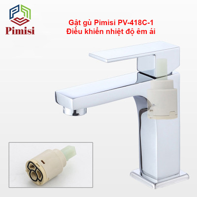Vòi Rửa Mặt Pimisi PV-418C-1 Thân Vuông Nóng Lạnh Cho Chậu Rửa Lavabo 1 Lỗ Âm - Dương Mặt Bàn Đá Làm Từ Đồng Thau Sáng Bóng - Chỉnh Nước Bằng Gật Gù Nóng Lạnh Trong Nhà Tắm Với Đủ Phụ Kiện Xi Phông Và Dây Cấp Nước | Chính Hãng