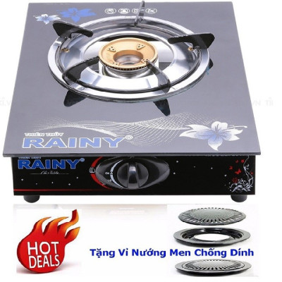 Bếp Gas Đơn mặt kính Chén Đồng Rainy hoa văn và màu sắc ngẫu nhiên + tặng vĩ nướng chống dính - Hàng Chính Hãng 