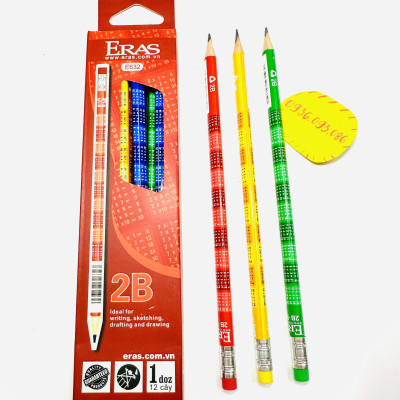 Hộp 12 Cây Bút Chì Gỗ 2B Có Gôm Thân Bút Họa Tiết Hoa Lavender E630, Hưu Cao Cổ E631, Bảng Cửu Chương E63, Bút Chì Eras