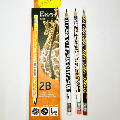 Hộp 12 Cây Bút Chì Gỗ 2B Có Gôm Thân Bút Họa Tiết Hoa Lavender E630, Hưu Cao Cổ E631, Bảng Cửu Chương E63, Bút Chì Eras