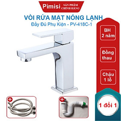 Vòi Rửa Mặt Pimisi PV-418C-1 Thân Vuông Nóng Lạnh Cho Chậu Rửa Lavabo 1 Lỗ Âm - Dương Mặt Bàn Đá Làm Từ Đồng Thau Sáng Bóng - Chỉnh Nước Bằng Gật Gù Nóng Lạnh Trong Nhà Tắm Với Đủ Phụ Kiện Xi Phông Và Dây Cấp Nước | Chính Hãng