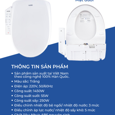 Nắp Bồn Cầu Điện Tử LUVA Bidet LB625 Điều Khiển Cảm Ứng Tiếng Việt, Đổi Lỗi 100 Ngày, Sấy Khô, Chống Nước IPX5, Sấy Vành Ngồi, Chế Độ Rửa Trẻ Em