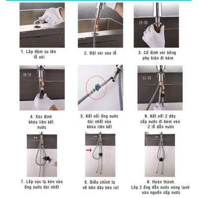 Vòi rửa chén bát nóng lạnh dây rút cao cấp Inox 304 - Vòi nóng lạnh inox 304 dùng cho mọi bồn rửa chén bát nhà bếp, dây rút tiện dụng, 2 chế độ nước - Hàng chính hãng