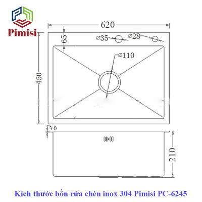 Chậu Rửa Bát 1 Hố Pimisi PC-6245 Inox 304, Dương-Bán Âm Bàn Đá, Giảm Thiểu Tiếng Ồn, Thiết Kế Rộng-Hiện Đại | Chính Hãng