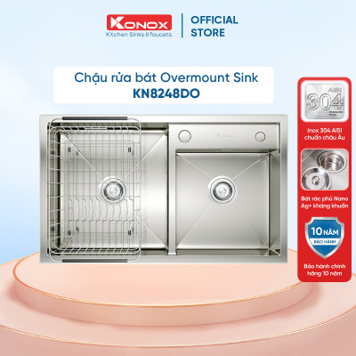 Chậu rửa bát Konox, Overmount Series, Model KN8248DO, Inox 304AISI tiêu chuẩn châu Âu, 820x480x228(mm), Full set gồm Siphon + giá úp bát inox, Hàng chính hãng