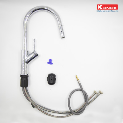 Vòi rửa bát kéo dây Konox, Model Ponte Chrome, 4 phiên bản màu, Bề mặt mạ PVD 5 lớp cao cấp, Lõi đồng tiêu chuẩn CW617N, Linh kiện phụ trợ dòng chảy nhập khẩu châu Âu, Bảo hành chính hãng 5 năm, Hàng chính hãng