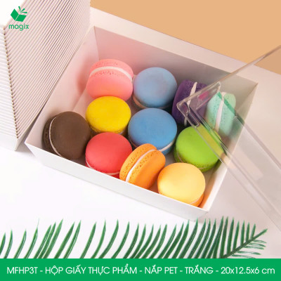 MFHP3T - 20x12.5x6 cm - 100 hộp giấy thực phẩm màu trắng nắp Pet, hộp giấy chữ nhật đựng thức ăn, hộp bánh nắp trong