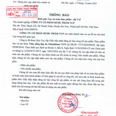 TPBVSK Viên uống đẹp da Glutathione VCP - Hỗ trợ làm sáng da, giảm các triệu chứng nhăn da, khô da, nám da - Hộp 20 viên