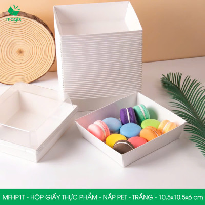 MFHP1T - 10.5x10.5x6 cm - 100 hộp giấy thực phẩm màu trắng nắp Pet, hộp giấy vuông đựng thức ăn, hộp bánh nắp trong