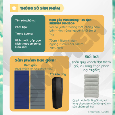 Đệm Gấp Văn Phòng - Tặng Kèm Gối Hơi - Chất Liệu Bông Ngọc Trai Dài 190x70 Cm, Dày 1 Cm - Đệmệm Gấp Ngủ Trưa Văn Phòng Siêu Nhỏ Gọn - Foldable Sleeping Office Mattress