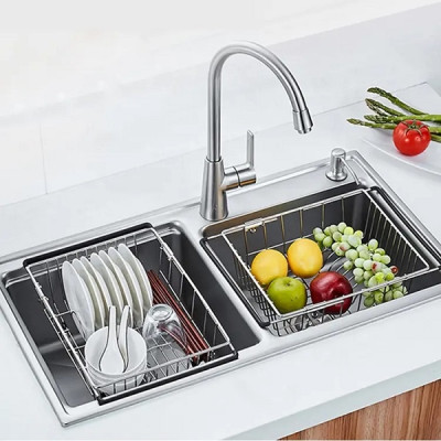 Chậu rửa bát inox304 bán nguyệt 5li chống xước 7546 Valenza, vòi rửa bát rút dây nóng lạnh 01, bộ xả 18cm, khay inox, rổ inox lỗ, bình rửa bát, rửa ly cốc