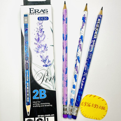 Hộp 12 Cây Bút Chì Gỗ 2B Có Gôm Thân Bút Họa Tiết Hoa Lavender E630, Hưu Cao Cổ E631, Bảng Cửu Chương E63, Bút Chì Eras