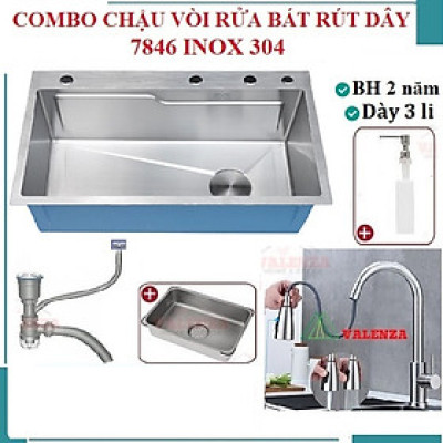 Combo chậu rửa chén bát 1 hố lớn Valenza 7846 inox sus304 chuẩn 100% kèm vòi rửa bát rút dây Valenza sus304, bộ xả to ngăn mùi, khay inox kín-TẶNG BÌNH NƯỚC RỬA CHÉN
