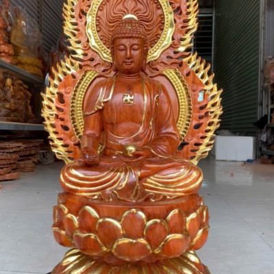 Bộ tượng thất phật được sư bằng gỗ hương đá kt cao 40×20cm +lá chắn hào quang cao tổng 54cm 