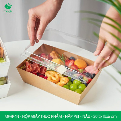 MFHP4N - 20.5x15x6 cm - 50 hộp giấy kraft thực phẩm màu nâu nắp Pet, hộp giấy chữ nhật đựng thức ăn, hộp bánh nắp trong