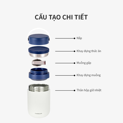 Hộp cơm giữ nhiệt Lock&Lock màu xanh navy LHC8042NVY 700ml - Hàng chính hãng, 2 ngăn kèm muỗng inox, có thể ủ cháo cho bé - JoyMall