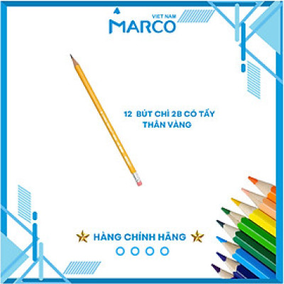 Hộp 12 Bút Chì 2B Marco Thân Vàng Có Tẩy - Bút chì phù hợp thi trắc nghiệm, ngòi chì mềm dễ chuốt, tập viết