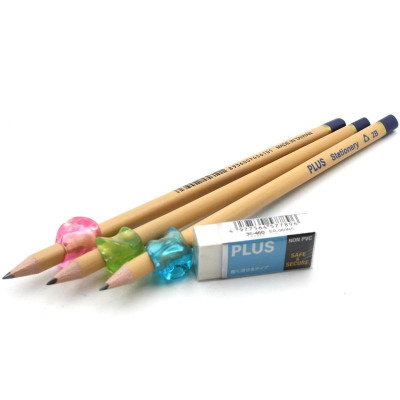 Bộ Bút Chì Tam Giác 3 Cây 2B + Gôm Nhỏ + 3 Đệm Tay Cầm - Plus-600-V013