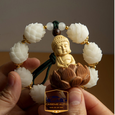 Khánh Treo Xe, Vòng 8 Bông Liên Hoa Phật Thích Ca Gỗ Hoàng Dương Trang Trí Xe Ô Tô, Treo Gương Chiếu Hậu Mang Lại May Mắn - Hàng Nhập Khẩu