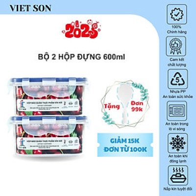 [TẶNG KHAY RÁO NƯỚC] Bộ 2 Hộp Đựng Thực Phẩm VIETSON 600ml Nắp Khóa 4 Cạnh Kín Hơi