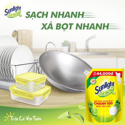Nước Rửa Chén Bát Sunlight Chanh 100 Sạch Nhanh Xả Bọt Nhanh Rửa Sạch Dầu Mỡ Túi 3.1KG