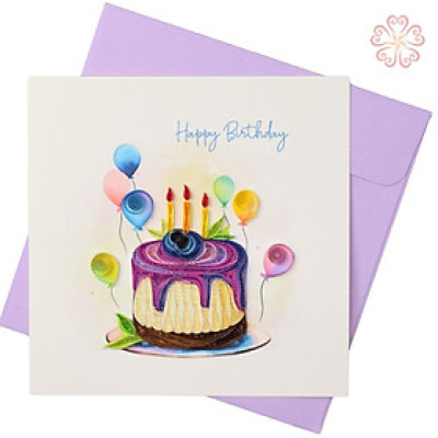 Thiệp mừng sinh nhật - giấy xoắn - bánh kem tím - size 15x15cm