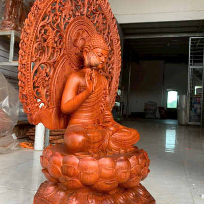 Tượng phật liên hoa bằng gỗ hương đá kt cao 60×36×36cm +lá chắn hào quang cao tổng 81cm