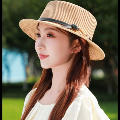 Nón vành nhỏ fedora chất liệu cói mũ rộng vành đi biển phối đai da thời trang Hàn Quốc dón24080501