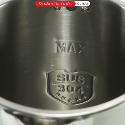 Ấm siêu tốc Gali GL-18A3 1.8L. Thiết kế 2 lớp cách nhiệt, Inox 304. Hàng chính hãng, bảo hành 24 tháng