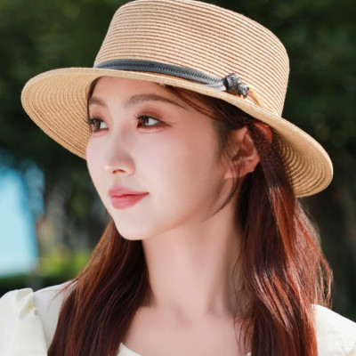 Nón vành nhỏ fedora chất liệu cói mũ rộng vành đi biển phối đai da thời trang Hàn Quốc dón24080501