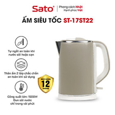 Ấm siêu tốc SATO 17ST22 1.8L - Ruột ấm  bằng inox cao cấp không gỉ, vỏ ngoài ấm bằng nhựa cao cấp cách nhiệt. Công suất 1500W đun sôi nước nhanh chóng - Miễn phí vận chuyển toàn quốc - Hàng chính hãng