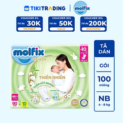 Miếng lót sơ sinh Molfix Thiên nhiên Super Jumbo Newborn 1 (dưới 1 tháng tuổi) - Gói 90+10 miếng