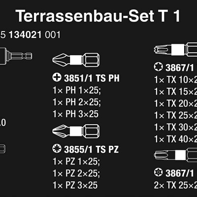 Bộ dụng cụ mở vặn vít đa năng Wera 05134021001 Patio construction set T 1 với các đầu vít thép không gỉ, đầu giữ vít thông minh gồm 17 chi tiết và kèm 4 vòng nỉ dự phòng (4 spare felt rings)
