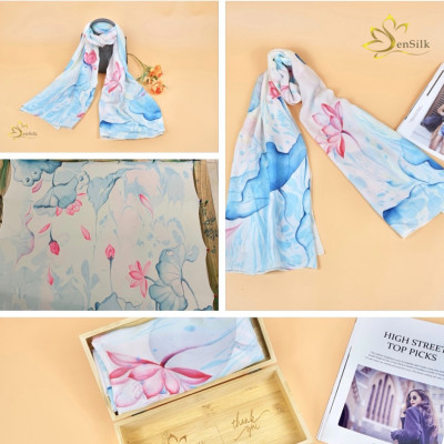 Khăn Lụa Thủy Ấn Hoa Sen - Tinh Hoa Quà Việt - SenSilk TA1