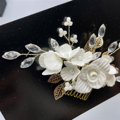 Cài tóc cô dâu hoa đất sét trắng có sẵn xược cài mã 005 - 14cm