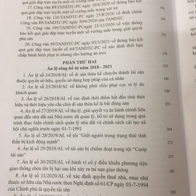 Giải đáp vướng mắc trong xét xử về Dân sự, Hình sự, Tố tụng dân sự Hành chính, Kinh doanh thương mại của Tòa án nhân dân tối cao từ năm 2016 - 2021 và các Án lệ được công bố năm 2020 - 2021