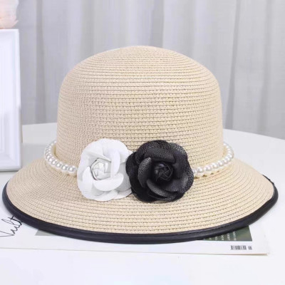 Mũ rộng vành nón đi biển chống nắng gắn hoa voan đen trắng dây đai ngọc trai nhân tạo thời trang Hàn Quốc dona25073102