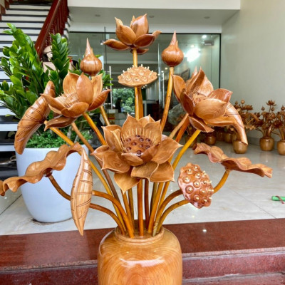 1 Bình hoa sen bằng gỗ ngọc am 15 cành trang trí phòng khách phòng thờ  