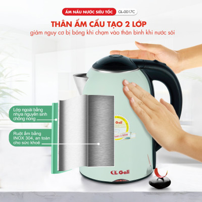 Ấm đun siêu tốc Gali GL-0017C thân ấm 2 lớp, vỏ ngoài bằng nhựa nguyên sinh chịu nhiệt tốt, hàng chính hãng 100%. Bảo hành 24 tháng.
