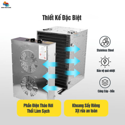 Máy Sấy Thực Phẩm Inox HTG 16 Khay 40cm Khay Inox SS304 Chống Rỉ Sét, Chống Rơi, Hàng Chính Hãng